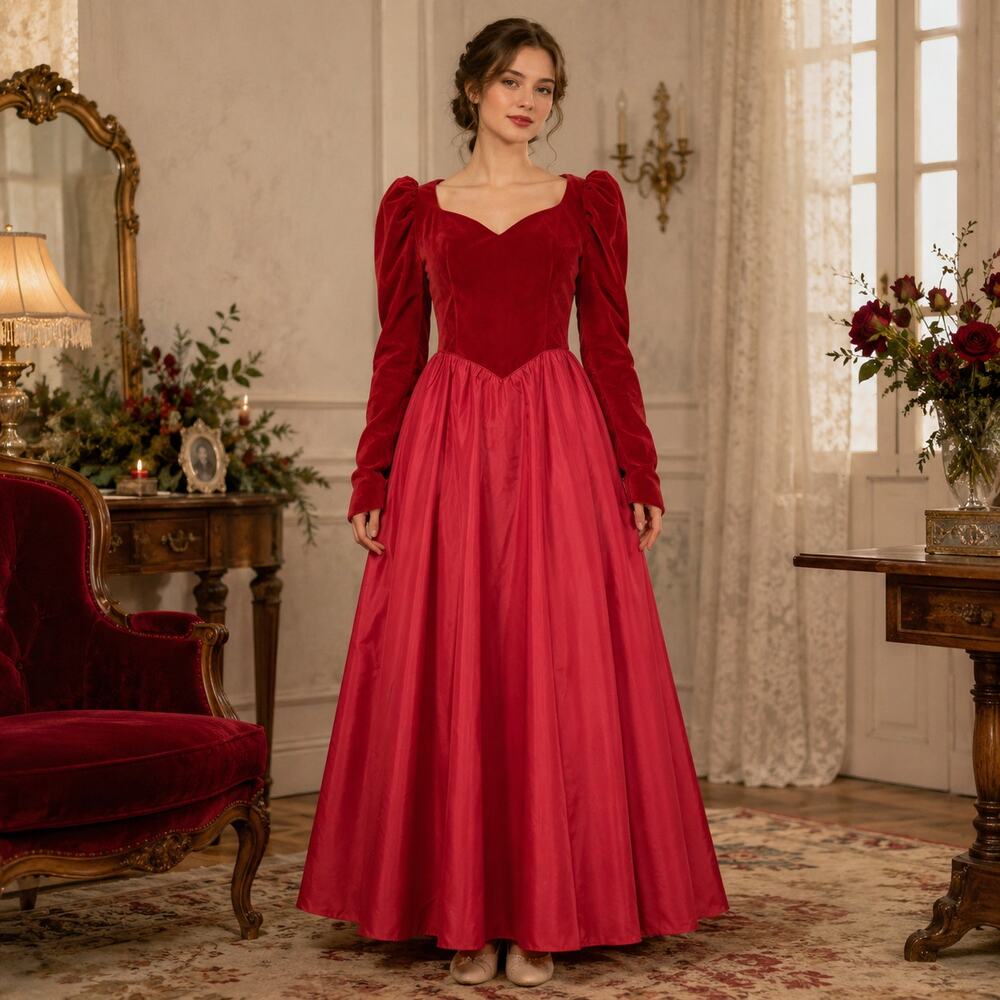 80s Vintage Red Velvet Maxi Dress, Sweetheart Neckline Princess Gown Huge Bow- M